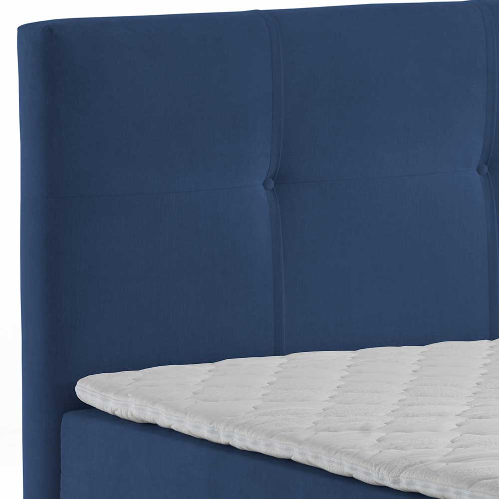 Blaues Boxspringbett Saragoza mit Stoffbezug großes Kopfteil