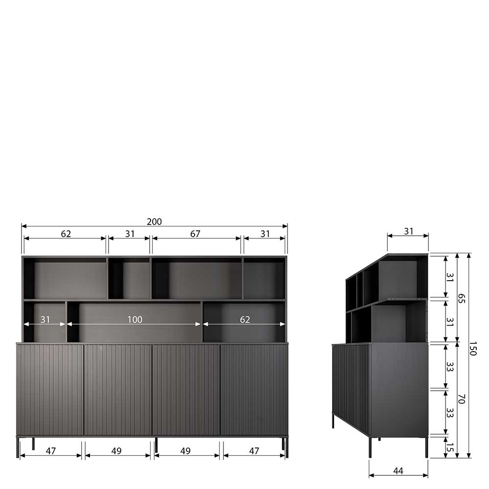 Wohnzimmerschrank mit offenen Fächern Banyo in Eichefarben 200 cm breit