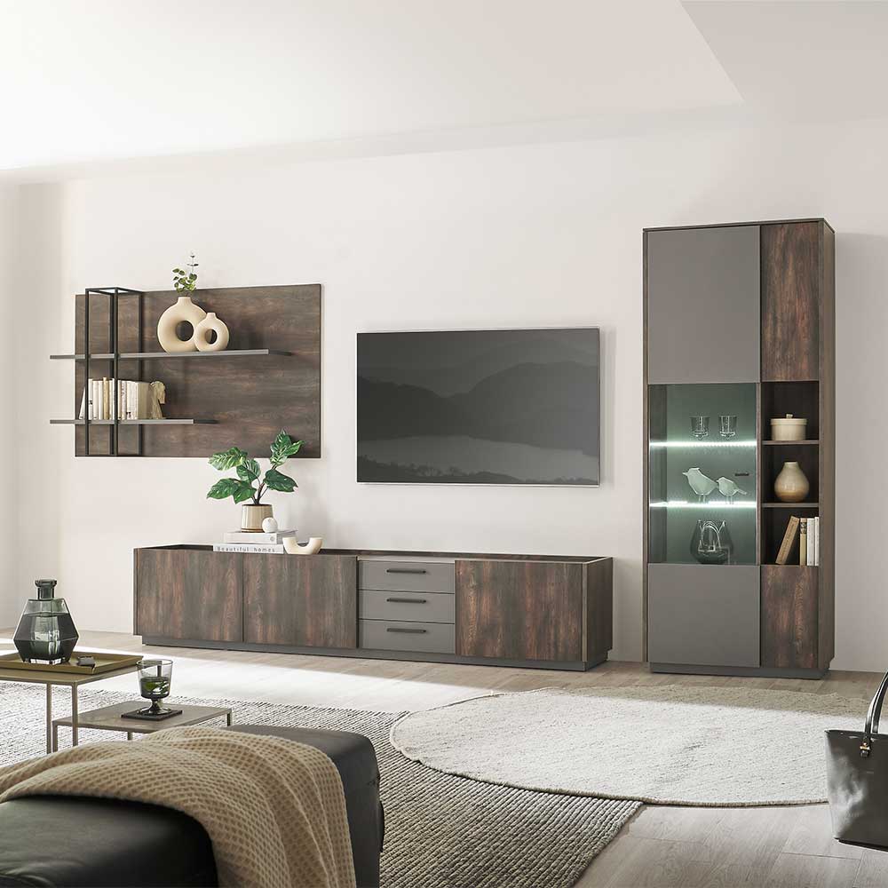 Moderne Design TV Wohnwand Hanniba in Anthrazit und Eiche dunkel (dreiteilig)