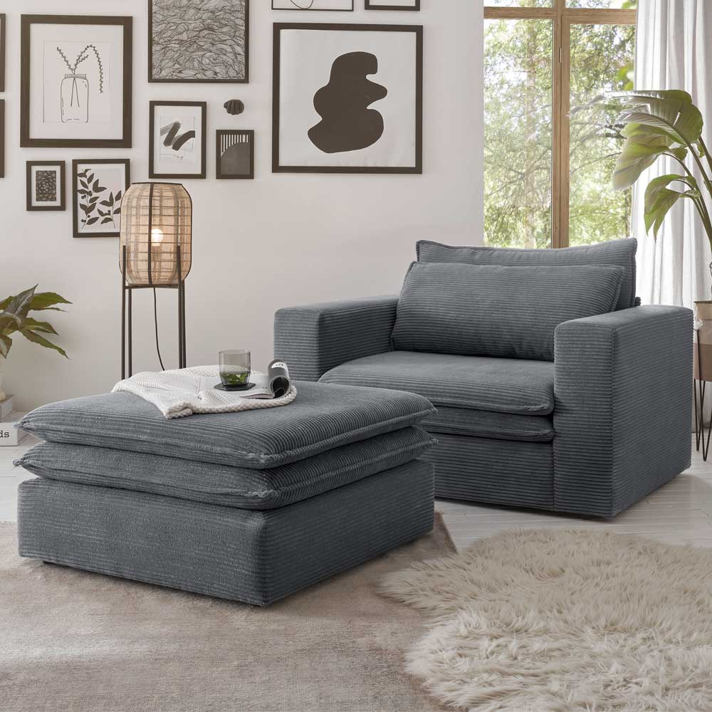 Lounge Sessel mit Hocker Eltusa in Anthrazit aus Cord (zweiteilig)