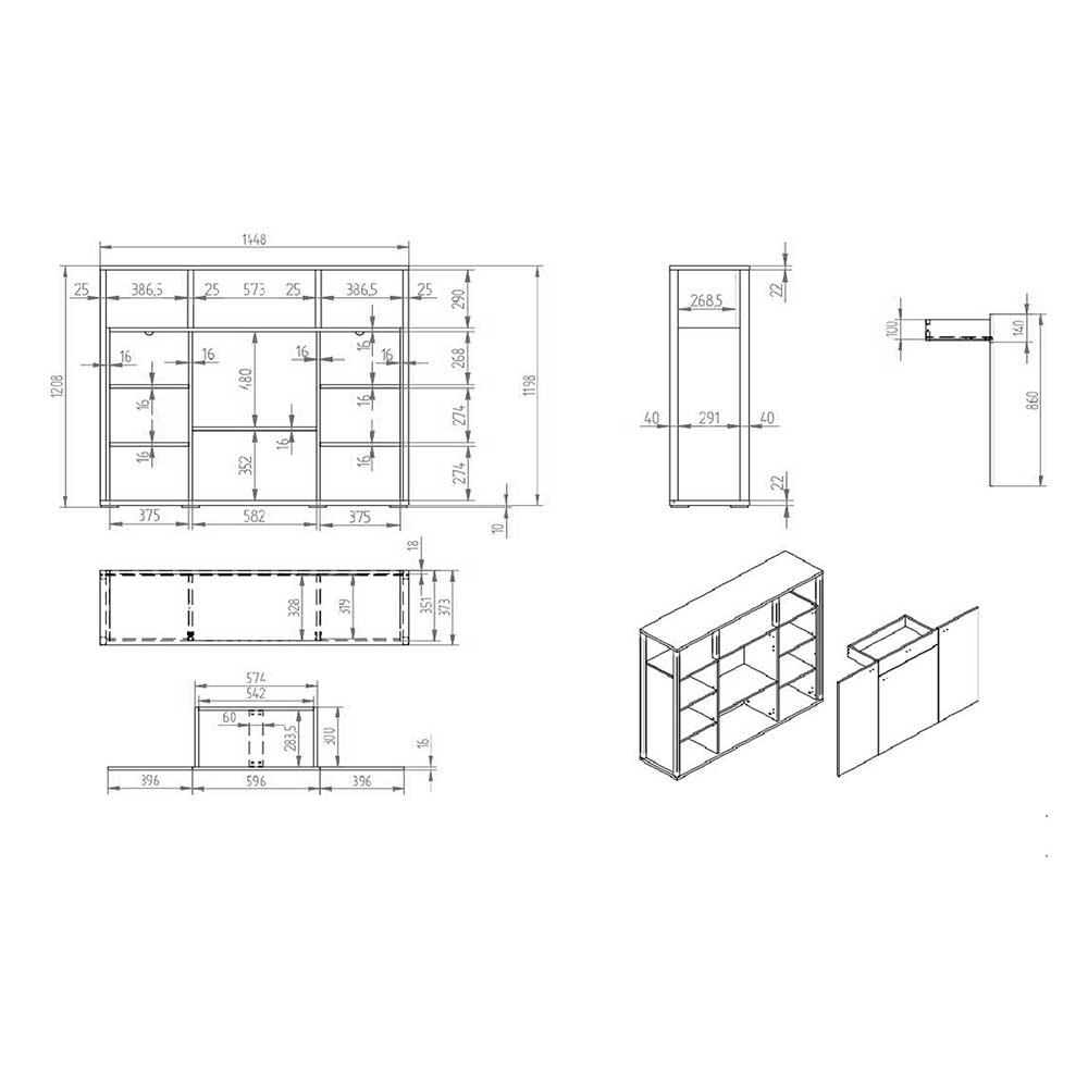 Wohnzimmer Highboard Inglis in Grau und Anthrazit