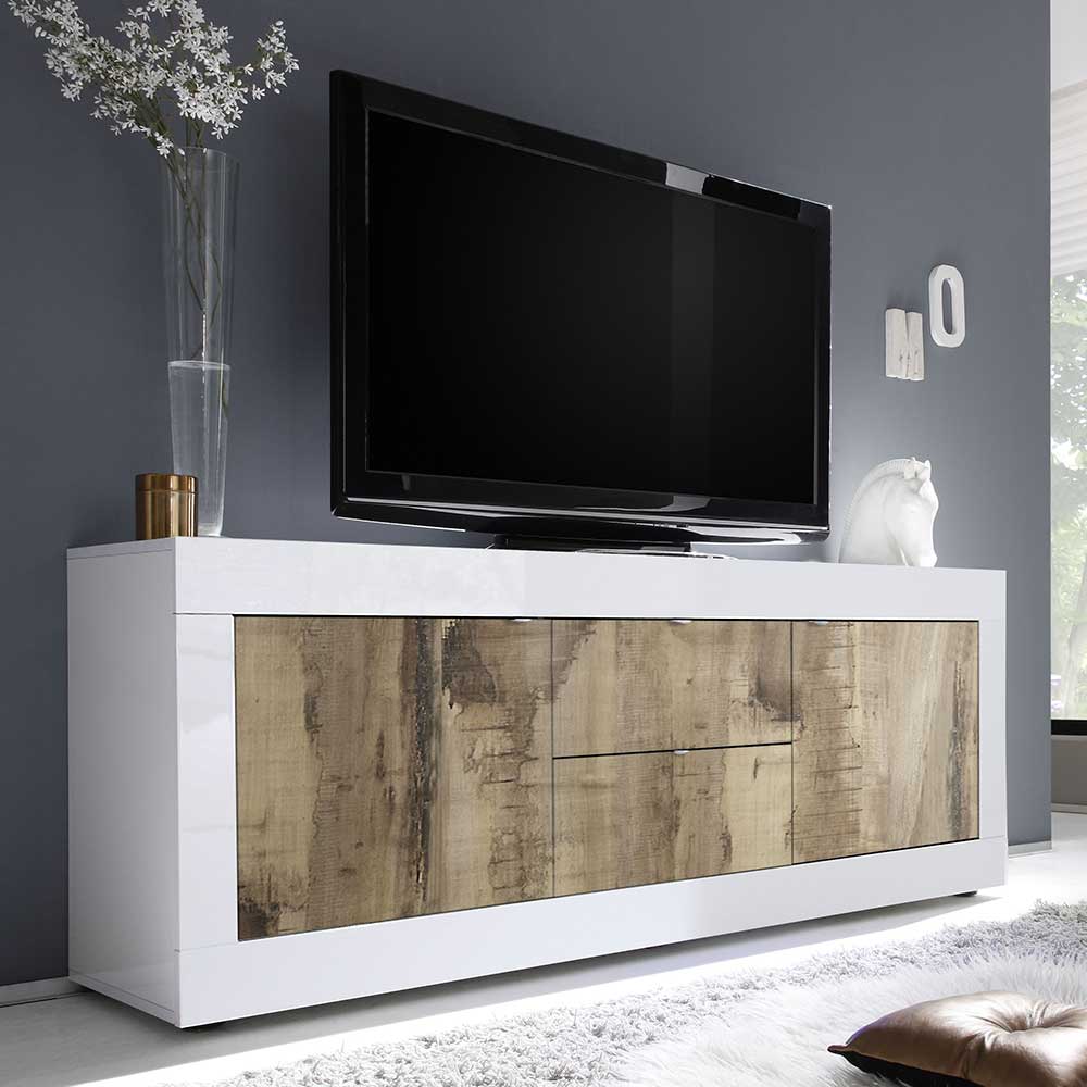 Modernes TV Sideboard Yuelva in Weiß und verwitterter Holz Optik 2 türig