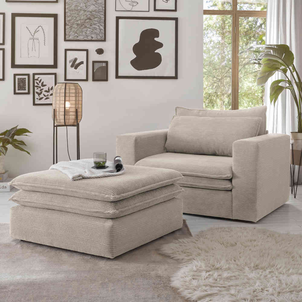 Loft Sessel mit Hocker Edance in Beige aus Cord (zweiteilig)