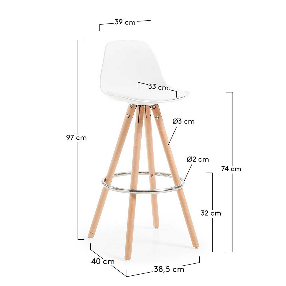 Barhocker Set Houstna mit Schalensitz in Weiß und Massivholzbeinen (2er Set)