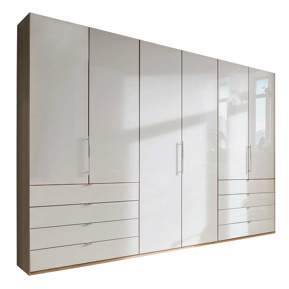 Schlafzimmerkleiderschrank Cnutria in Beige und Eiche Bianco mit Falttüren