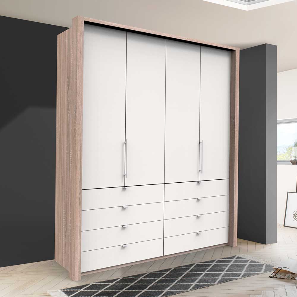 Weißer Kleiderschrank Lolyana in modernem Design mit Eiche Sägerau Korpus