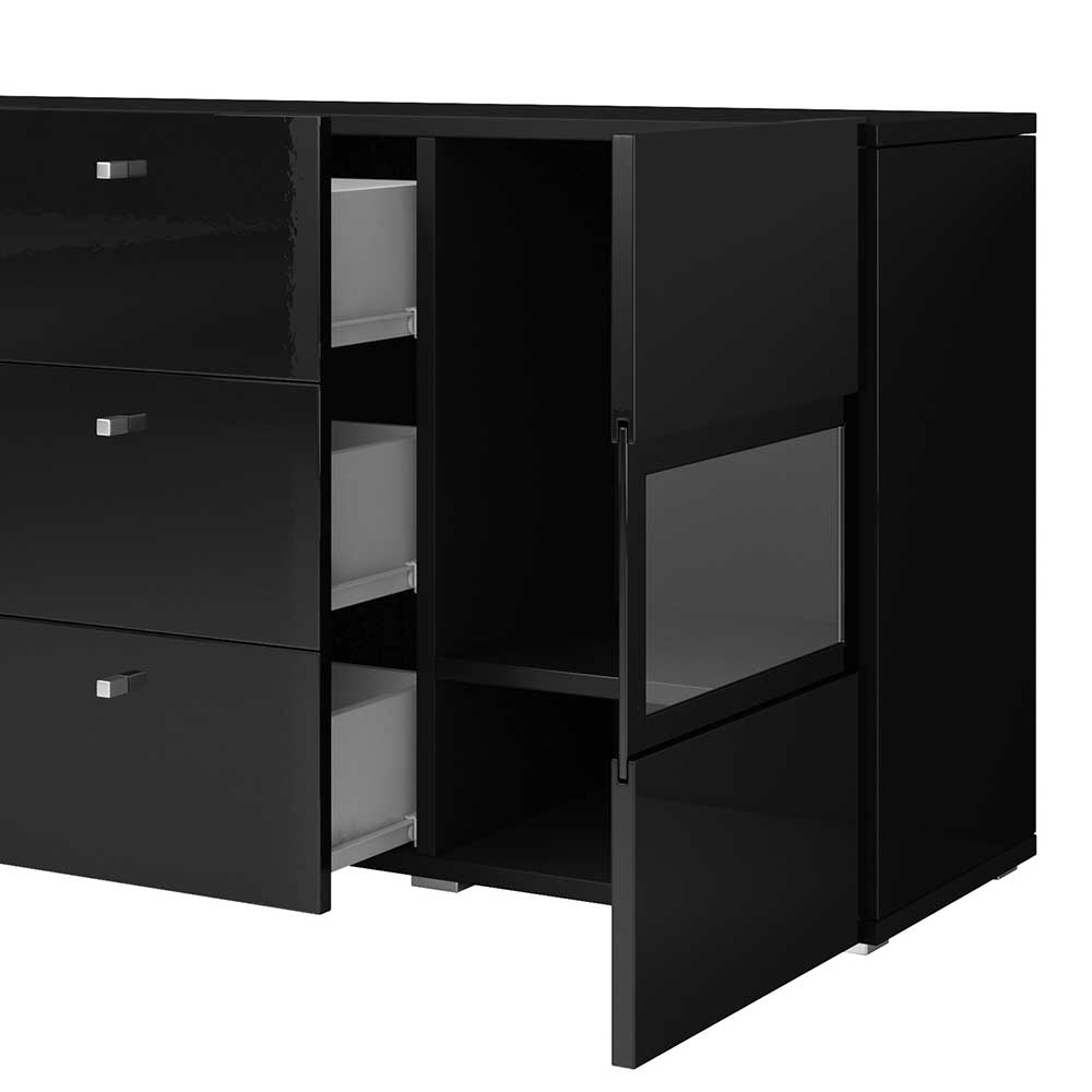 Schwarzes Sideboard Lucky mit Glastüren - Hochglanz Front