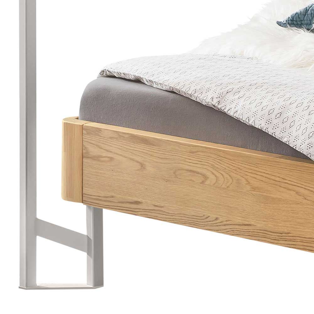 Modernes Himmelbett Sevensica in Eiche Bianco und Weiß mit Metallgestell