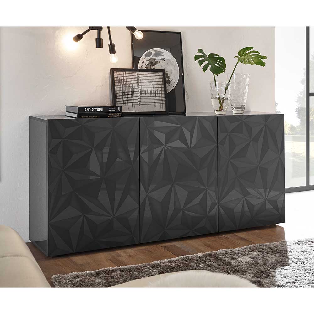 3 türiges Design Sideboard Abexa in Anthrazit Hochglanz mit Siebdruck verziert