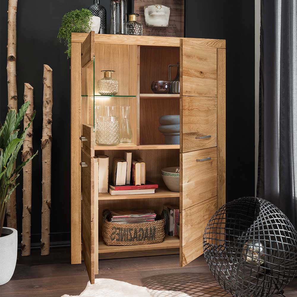 Wildeiche Highboard Divrina aus Massivholz mit Glastür