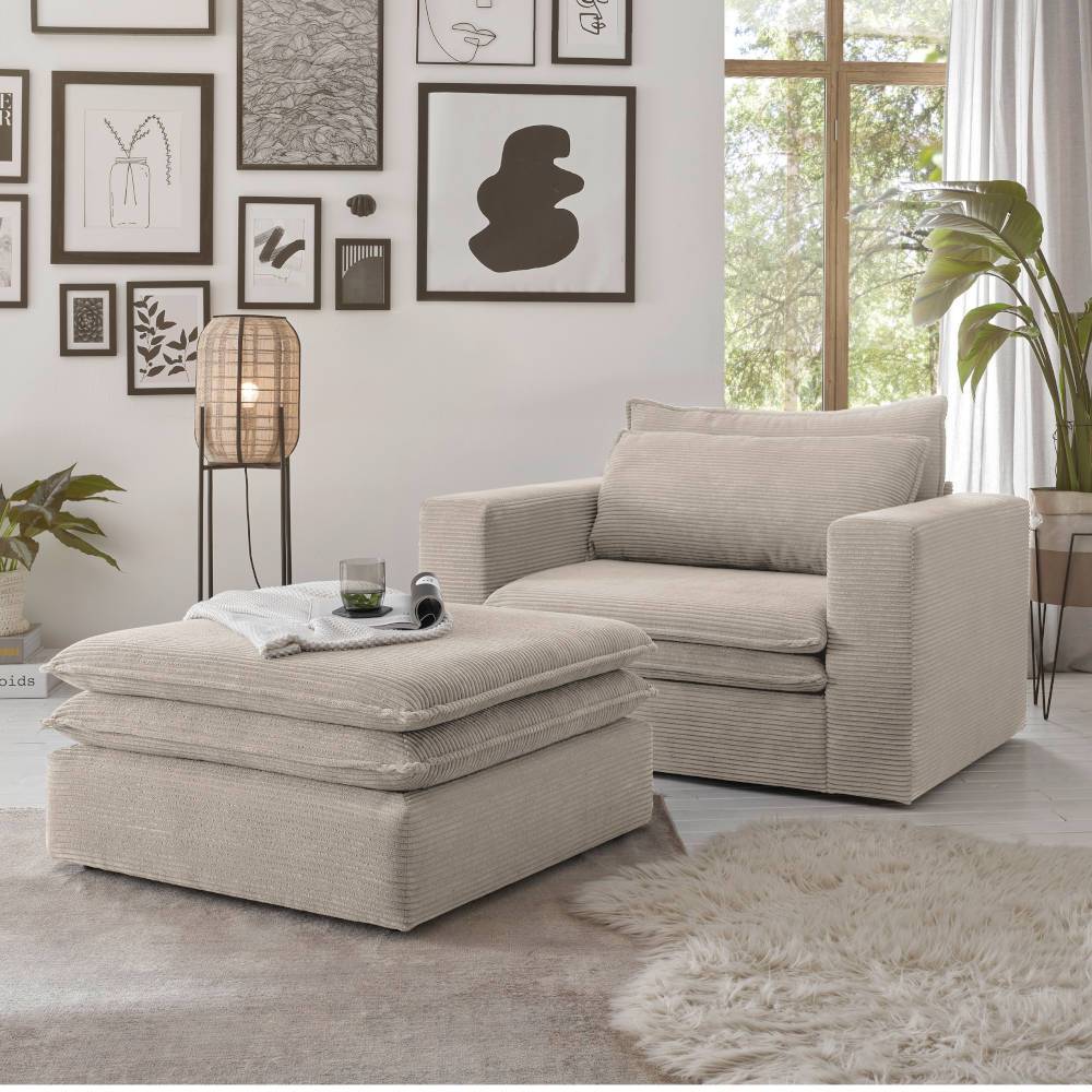 Cord Sessel mit Fußhocker Edance in Beige 43 cm Sitzhöhe (zweiteilig)