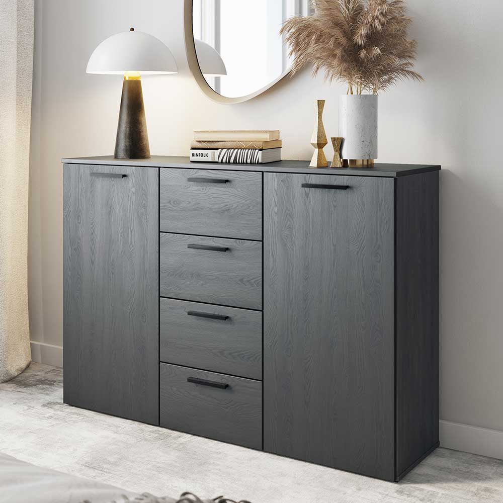 Modernes Sideboard Culagan in Eiche Grau mit vier Schubladen und zwei Türen