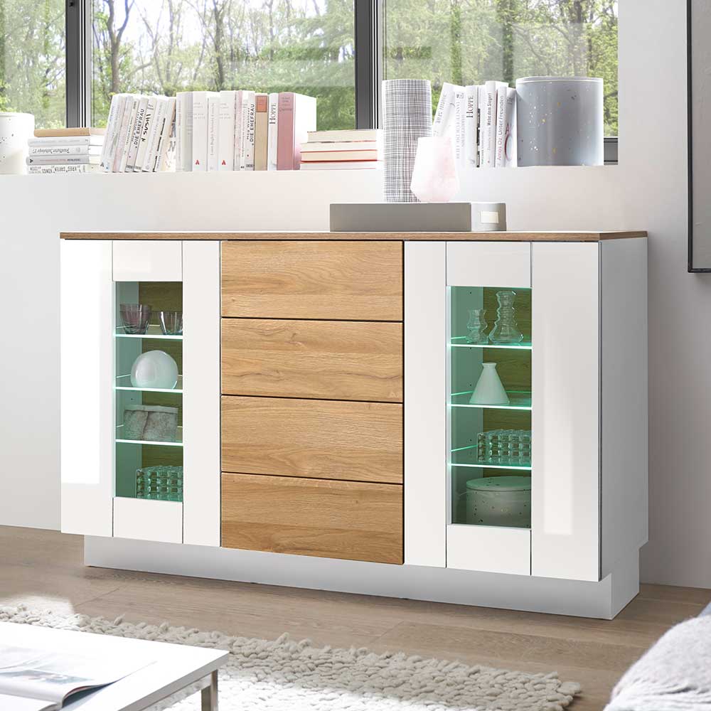 Küchensideboard Aulianda in Weiß Hochglanz und Wildeiche Optik mit Glas