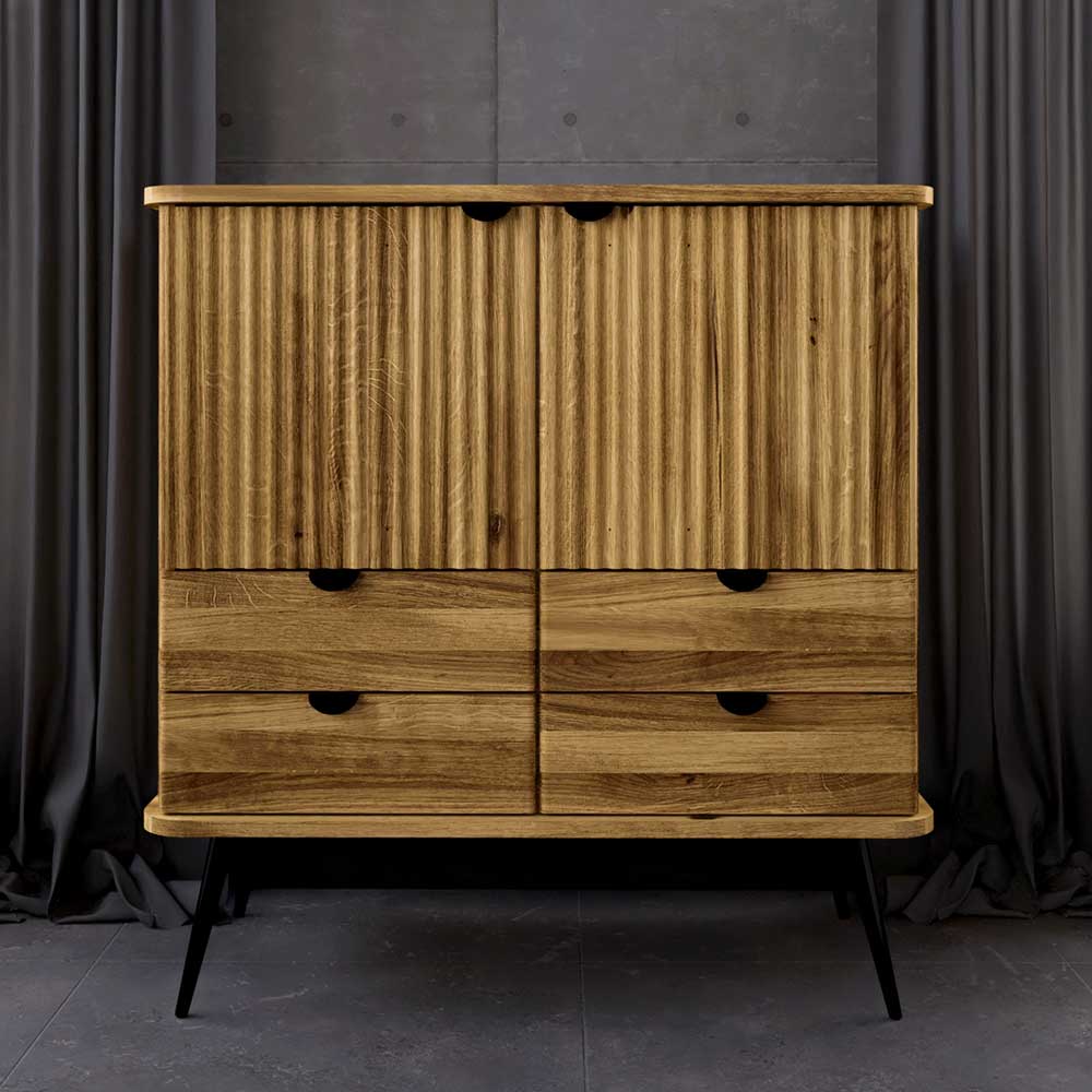 Highboard Clantica mit vier Schubladen aus Wildeiche Massivholz