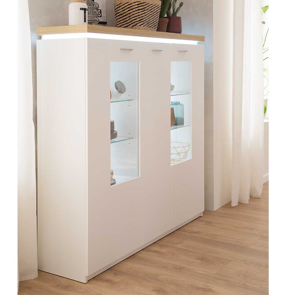 Highboard Lovranon in Weiß und Wildeiche Optik mit LED Beleuchtung