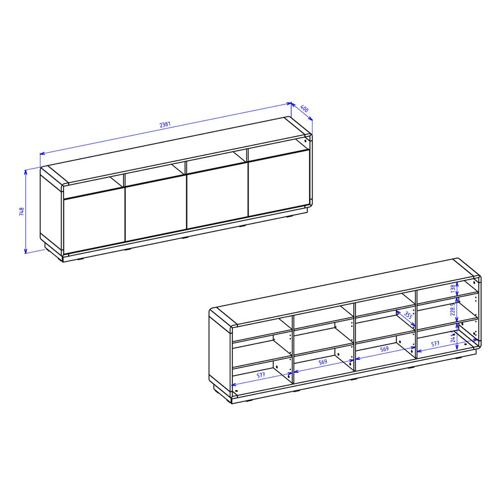 XL Esszimmersideboard Sismail in Wildeichefarben und Schwarz 75 cm hoch