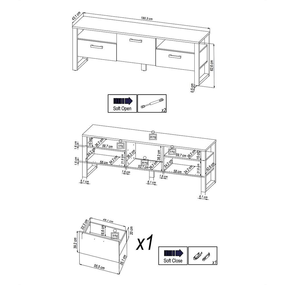 TV-Lowboard modern Besi 181 cm breit melaminbeschichtet