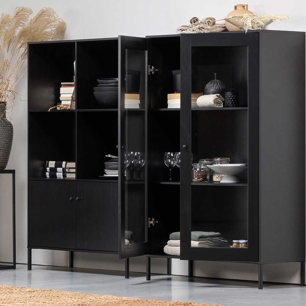 Schwarze Standvitrine Vegano aus Kiefer Massivholz 100 cm breit