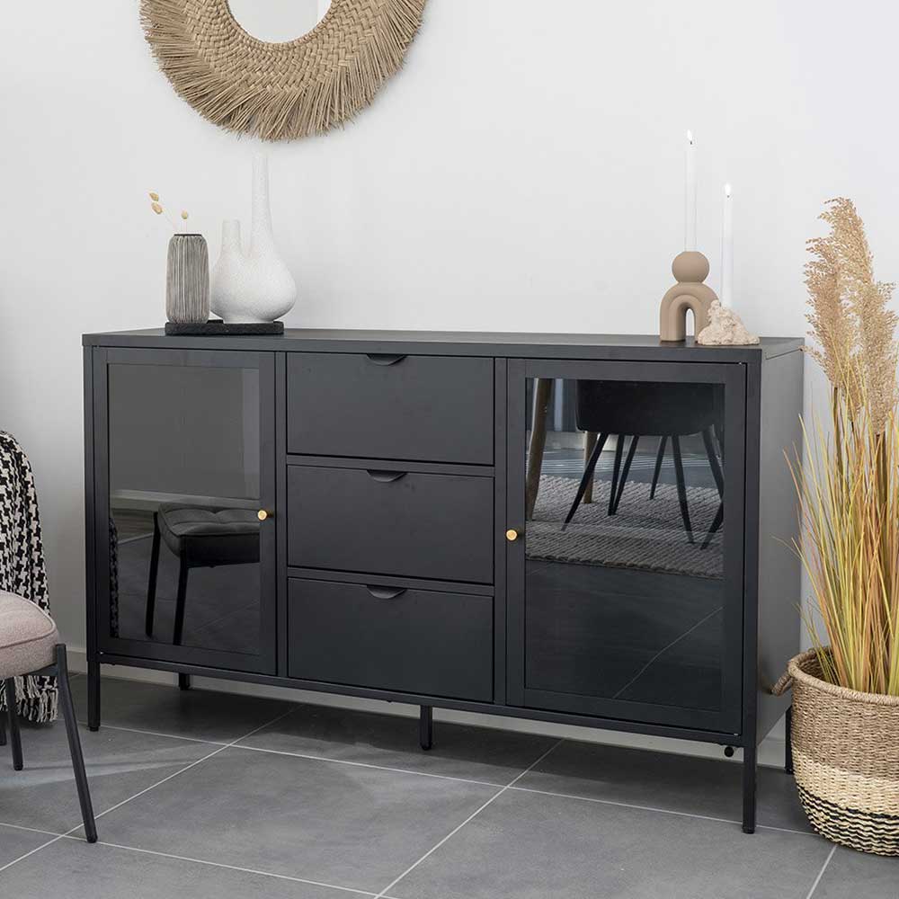 Metall Sideboard Sincony in Schwarz mit Glastüren