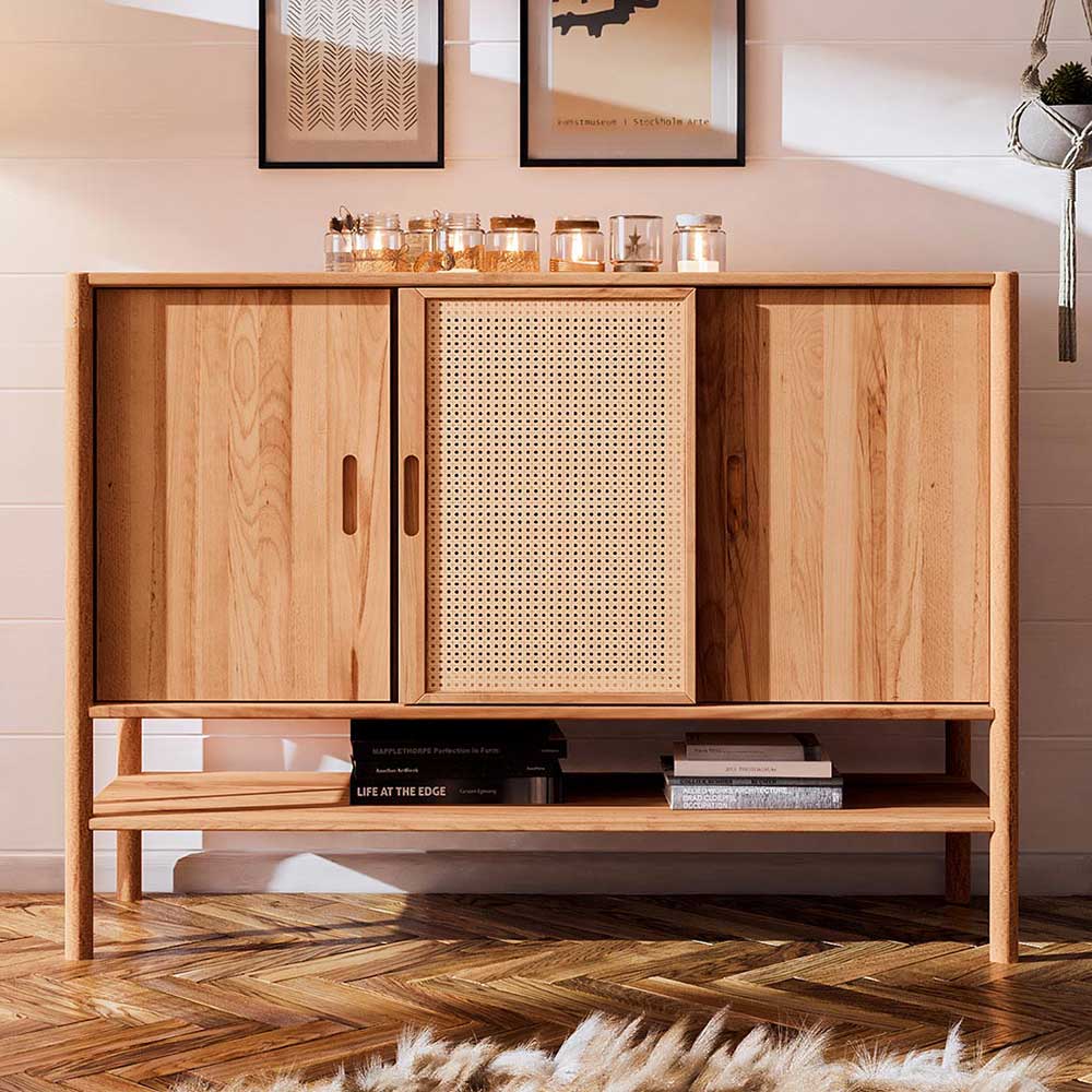 Sideboard mit Schiebetüren Artjes aus Wildbuche Massivholz und Rattan