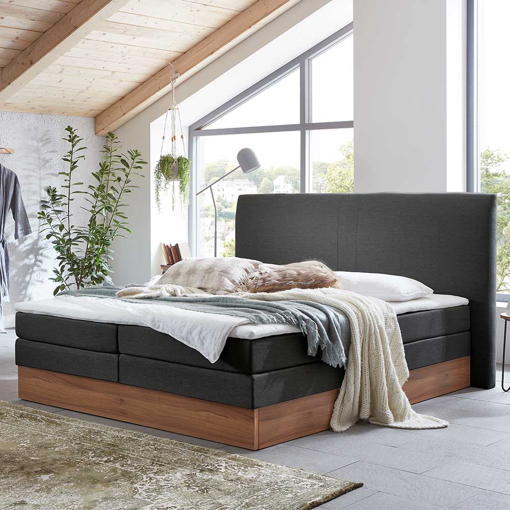 Boxspring Bett Bostan mit Bettkasten in Anthrazit & Walnussfarben