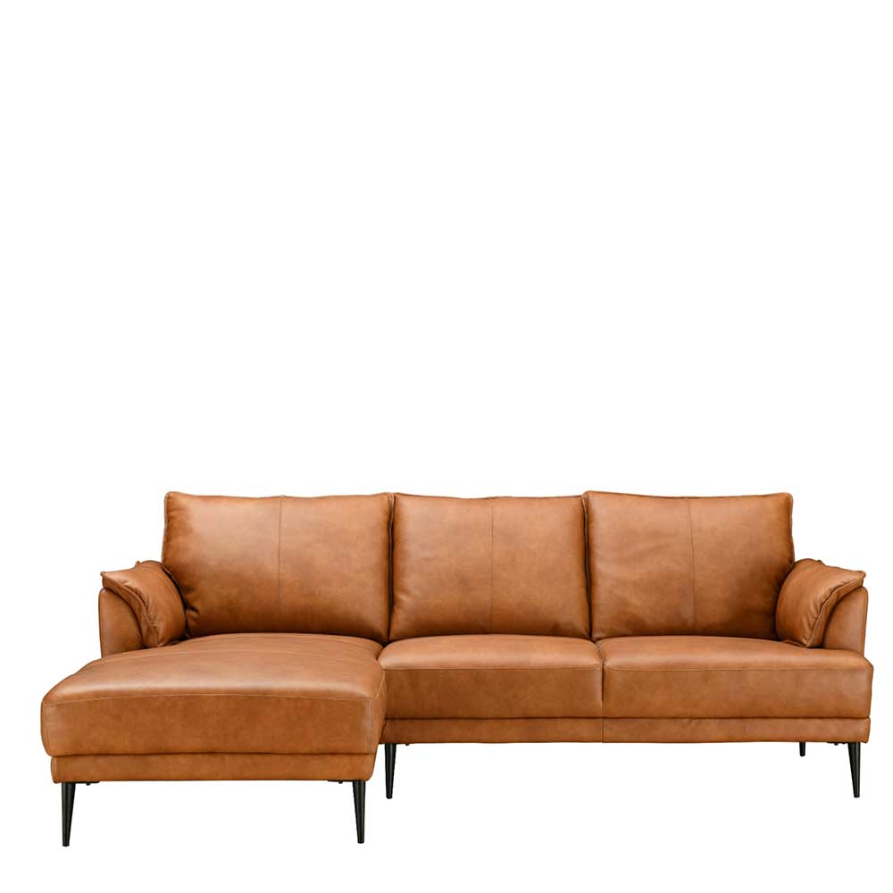 Ecksofa Basilicama aus gedecktem Glattleder in Cognac Braun