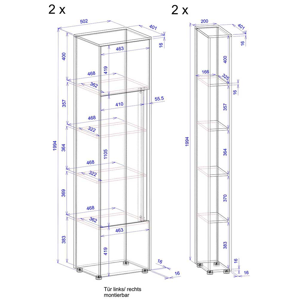 Aktenschrank 4teilig Rascian in Weiß 200 cm hoch (vierteilig)