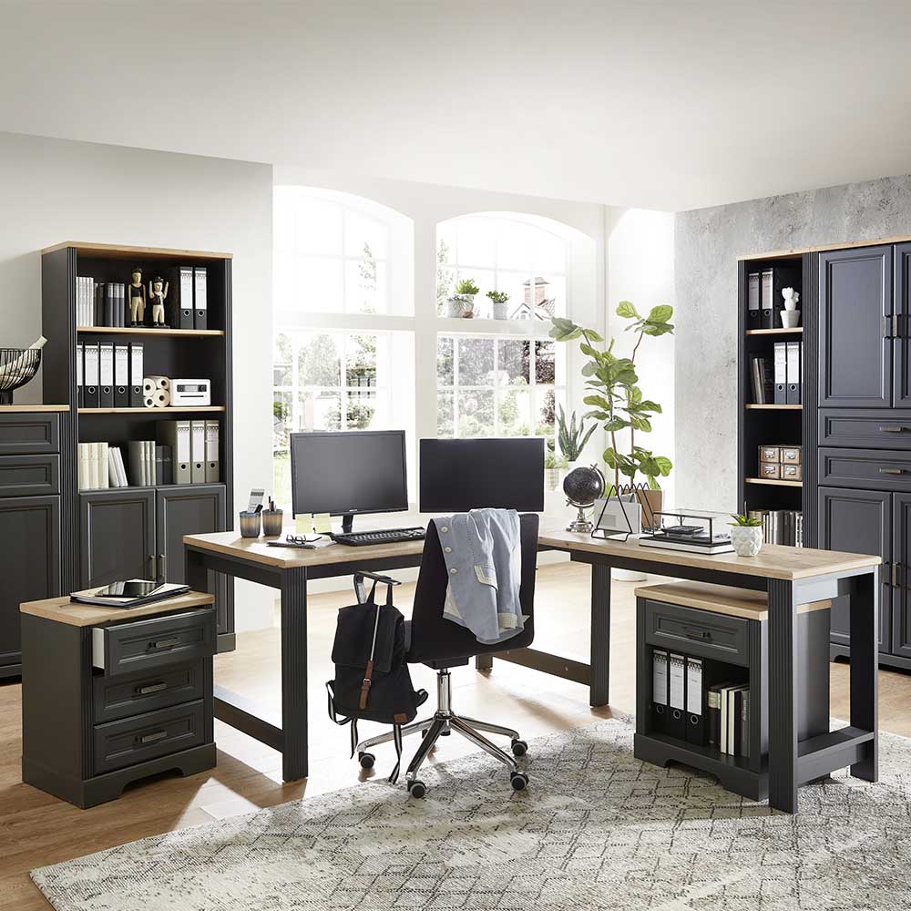 Büroschreibtisch Set Luoton im Landhausstil mit Rollcontainern (dreiteilig)