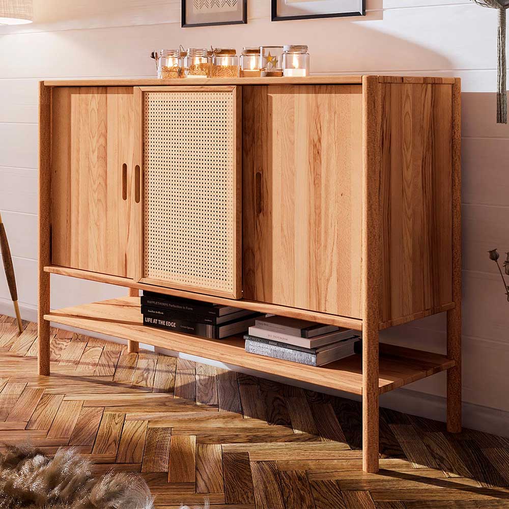 Sideboard mit Schiebetüren Artjes aus Wildbuche Massivholz und Rattan