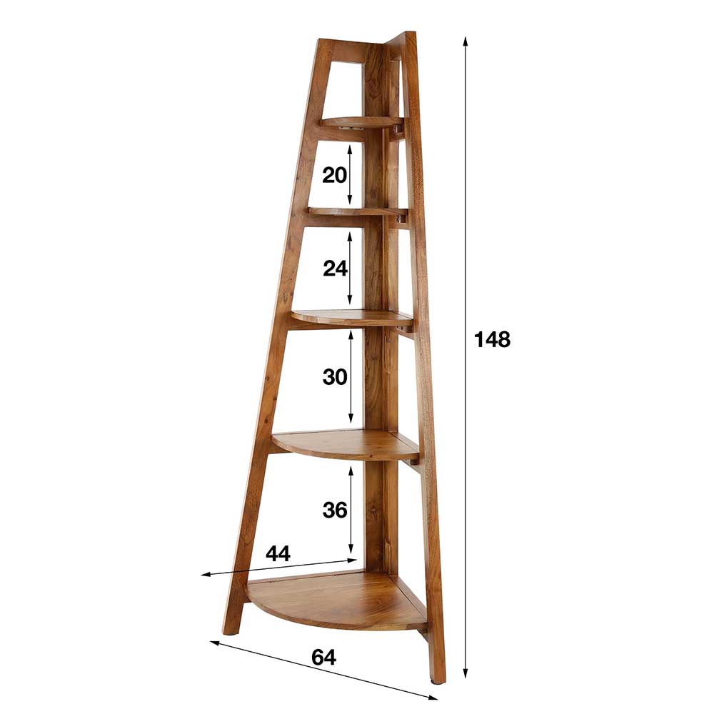 Modernes Eckregal Flinu aus Akazie Massivholz lackiert 148 cm hoch