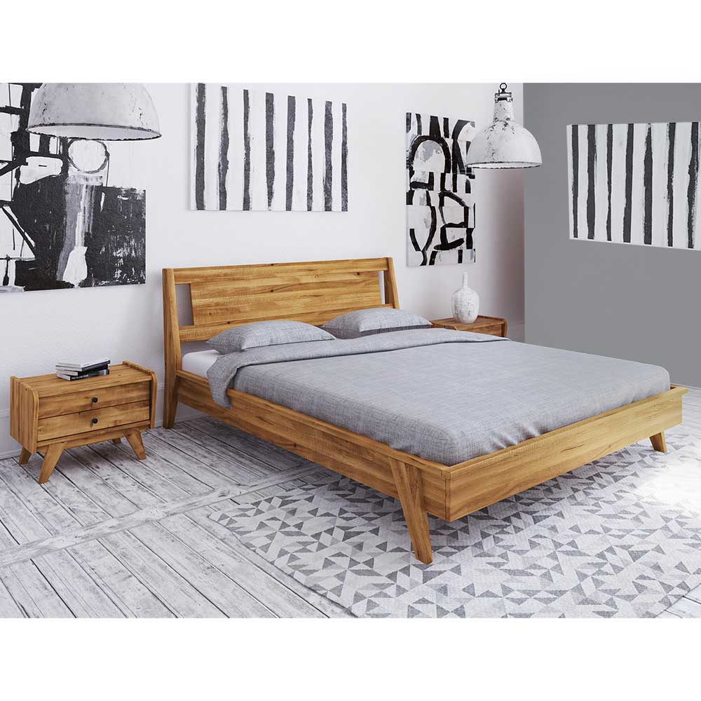 Wildeiche Doppelbett Carilla im Retro Design mit Nachtkommoden (dreiteilig)