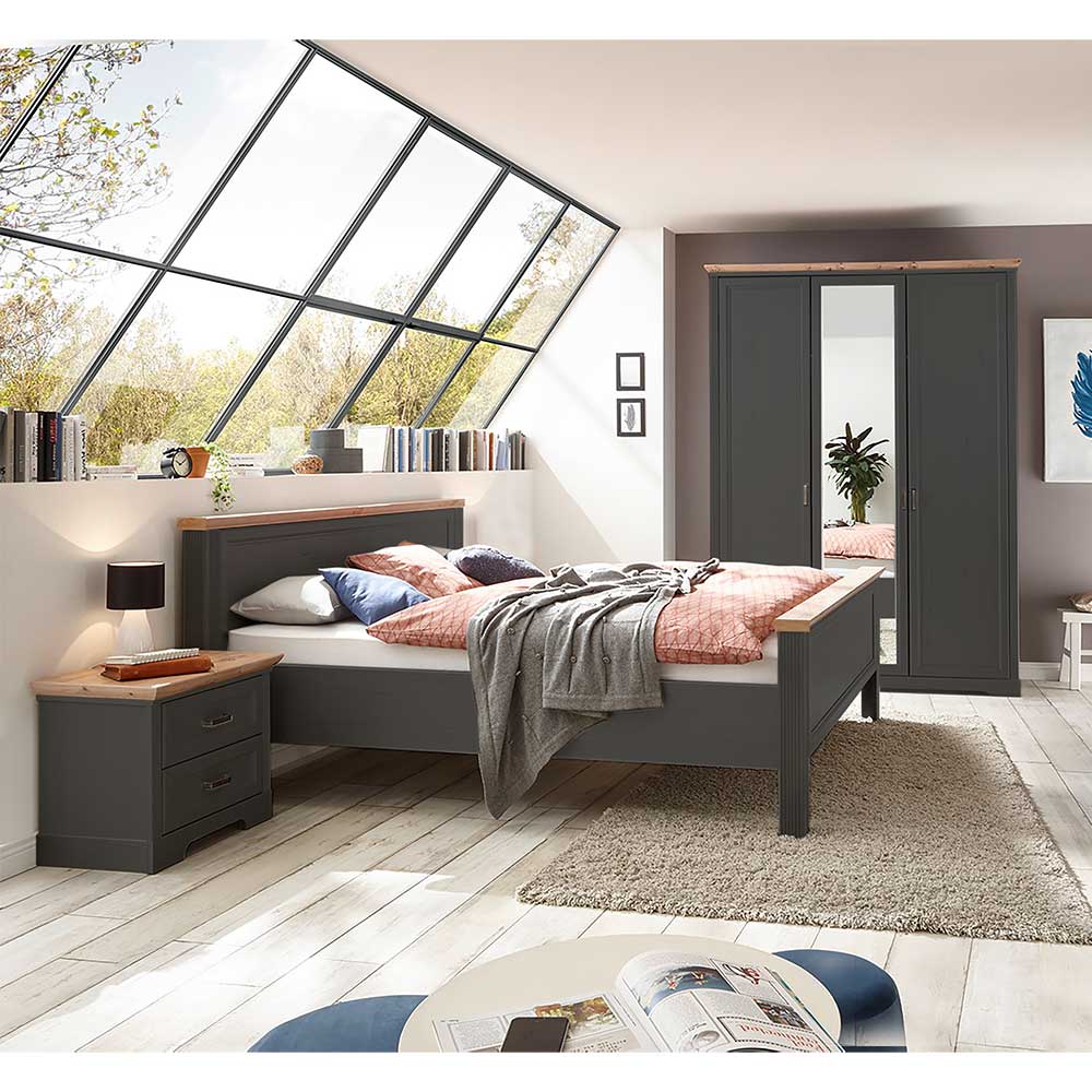 Schlafzimmermöbel Trujano im Landhausstil in Dunkelgrau (dreiteilig)