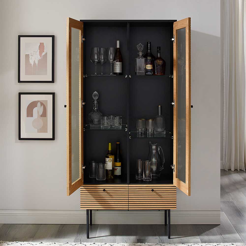 Esszimmer Vitrine Durian im Skandi Design mit zwei Schubladen