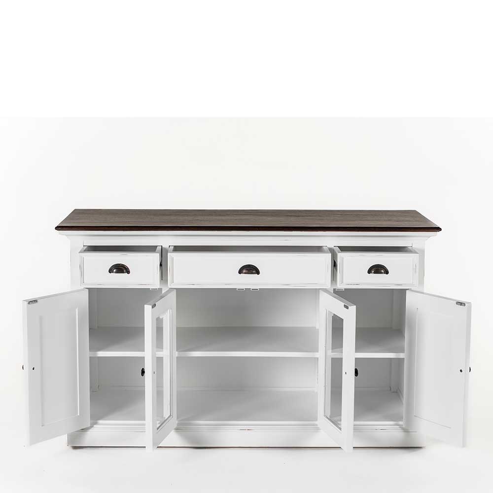 Landhaus Sideboard Vitrine Lacromas in Weiß und Dunkelbraun 145 cm breit