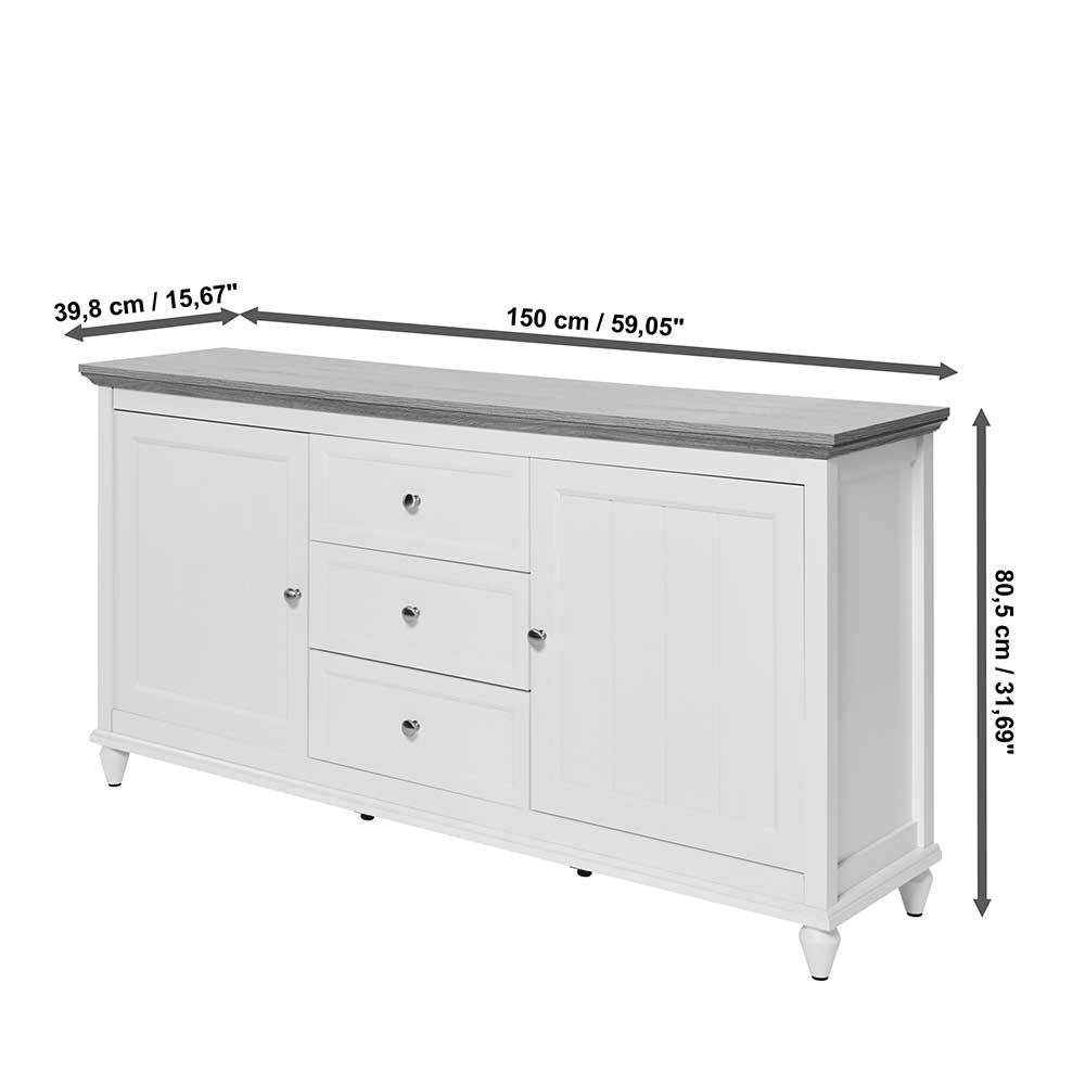 Sideboard Ossana mit drei Schubladen im Landhausstil