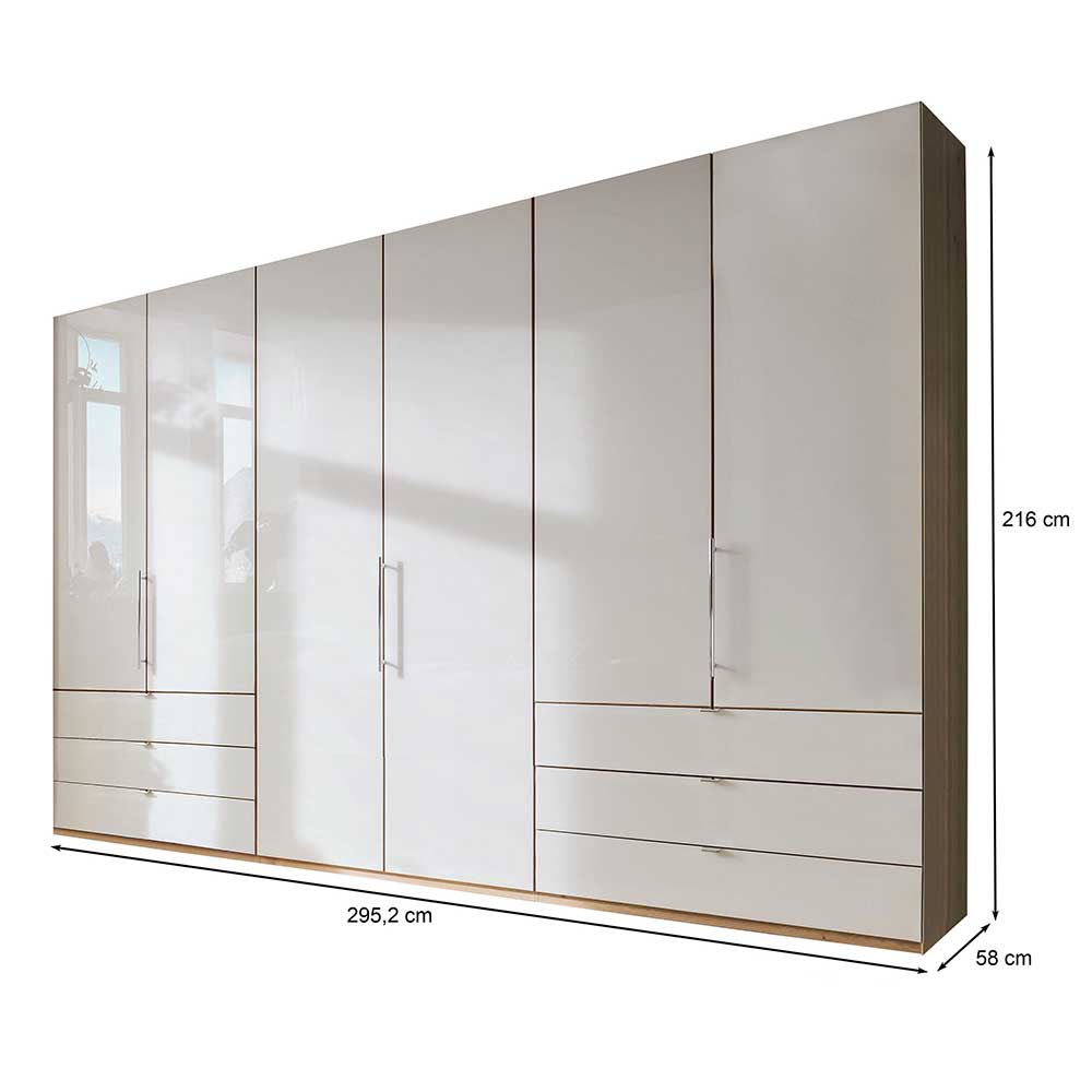 Großer Kleiderschrank Cnutria in Beige und Eiche Bianco glasbeschichtet