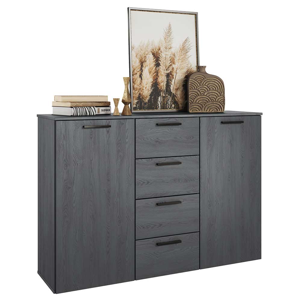 Modernes Sideboard Culagan in Eiche Grau mit vier Schubladen und zwei Türen