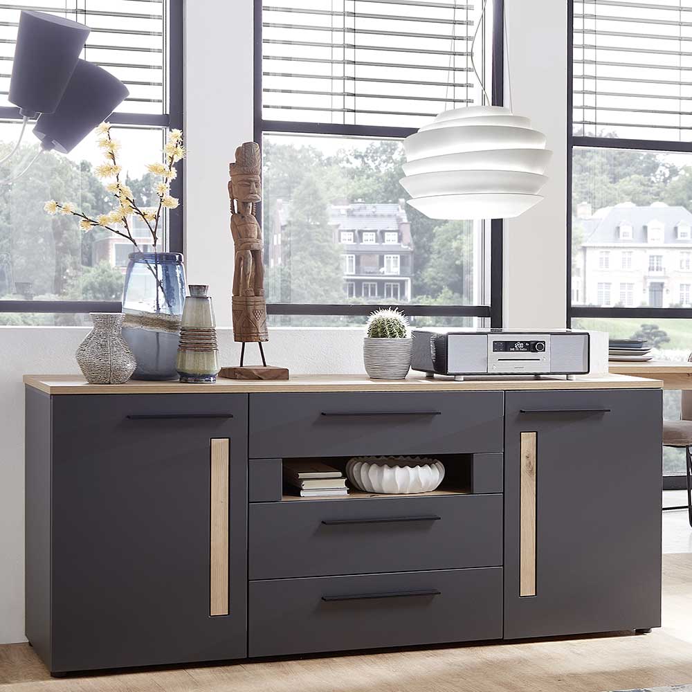 Sideboard Mossava in Dunkelgrau und Wildeiche Optik 180 cm breit