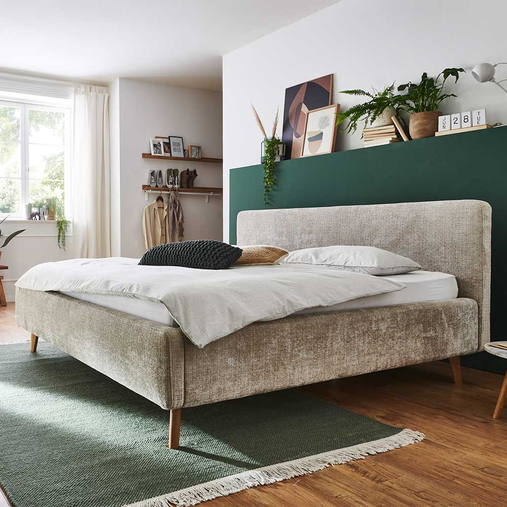 Gepolstertes Doppelbett Pierette in Beige mit Vierfußgestell aus Eiche