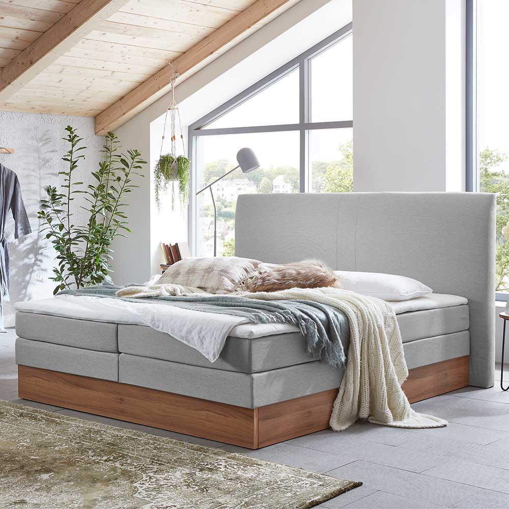 Stauraum Boxspring Bett Kara in Grau und Walnussfarben