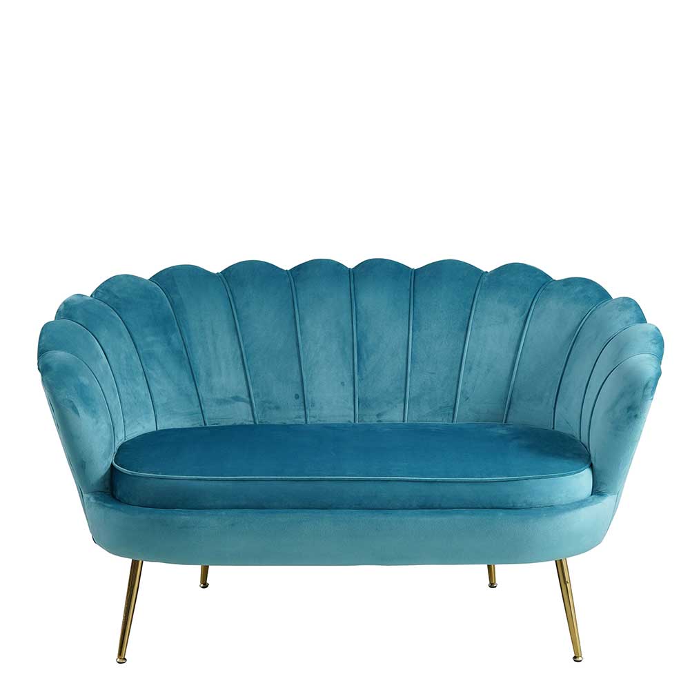 Zweisitzer Sofa Fionora in Blau Samt im Retrostil