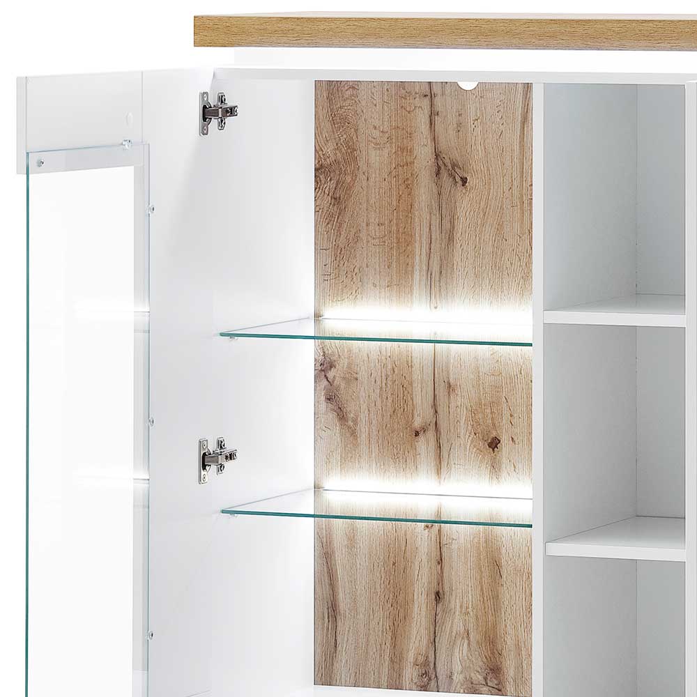 Highboard Lovranon in Weiß und Wildeiche Optik mit LED Beleuchtung