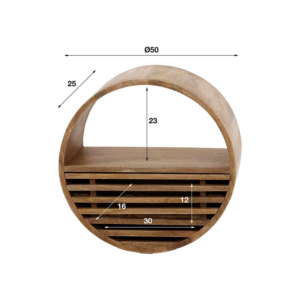 Wandregal Iltras aus Mangobaum Massivholz in runder Form