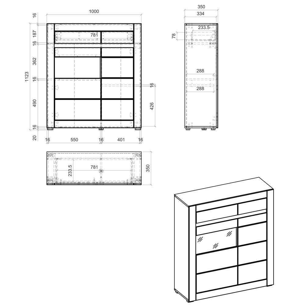 Highboard Entuisan in Platingrau und Zinneichefarben