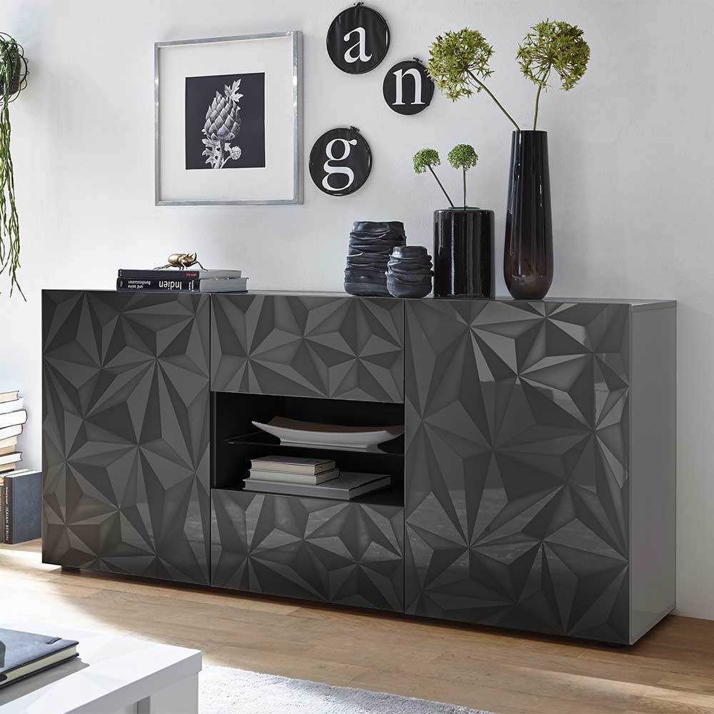 Modernes Sideboard Abexa in Hochglanz Anthrazit mit zwei offenen Fächern