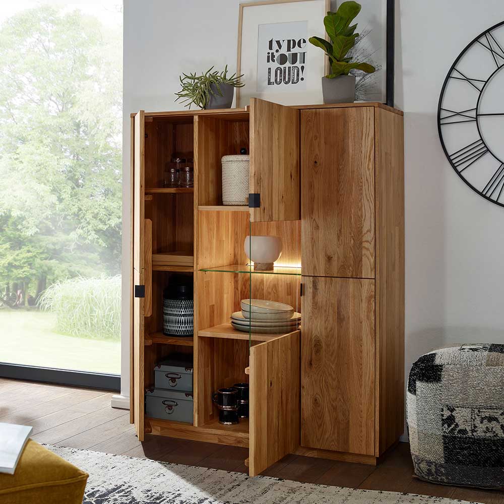 Massivholz Highboard Coozia 140 cm hoch mit drei Türen