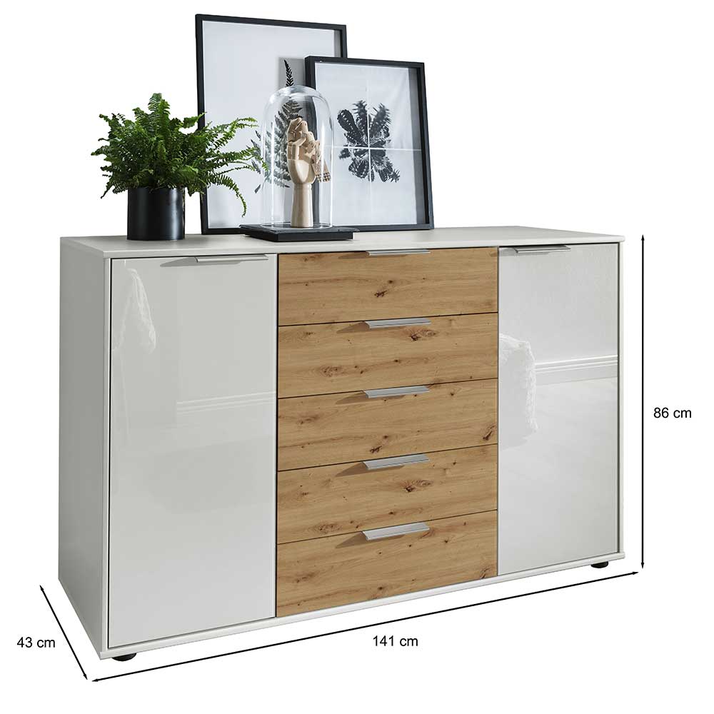 Wohnzimmer Sideboard Vilma in Eiche Bianco & Weiß Türen glasbeschichtet