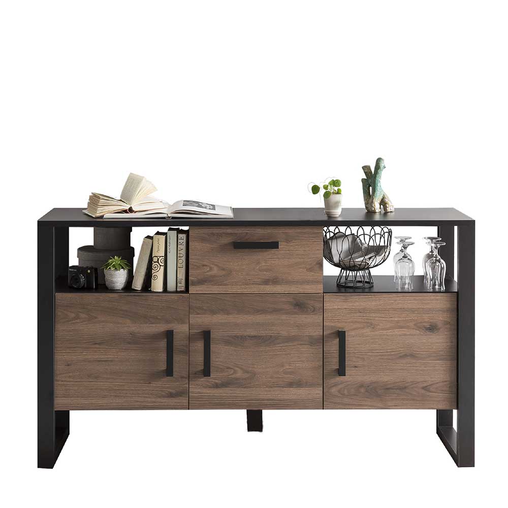 Teiloffenes Sideboard Besi in Nussbaumfarben und Schwarz