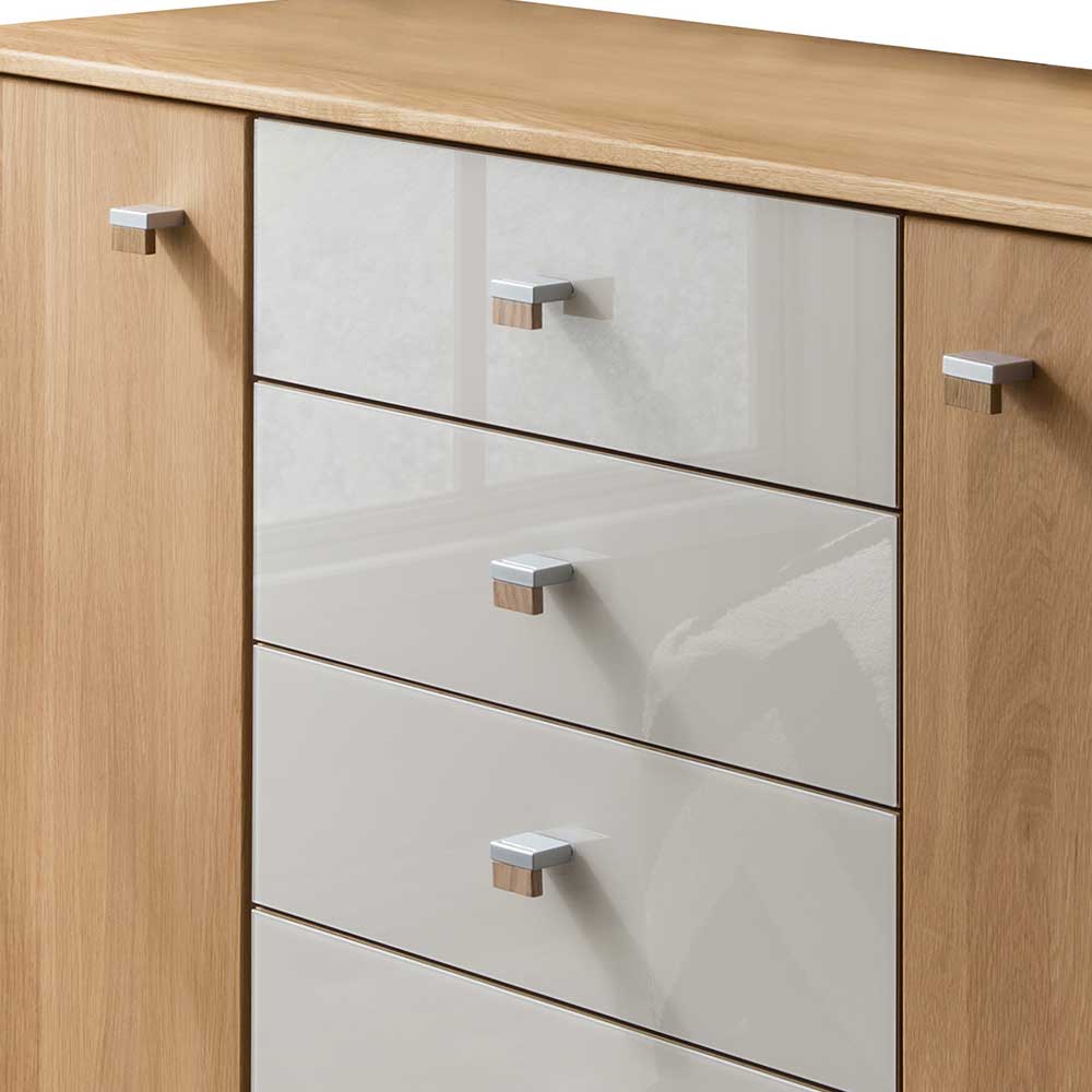 Sideboard Veyfas in Beige Glas beschichtet und Eiche teilmassiv