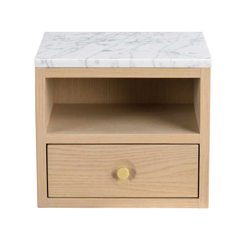 Nachttisch Kommode Mangoa in Holz White Wash mit Marmorplatte